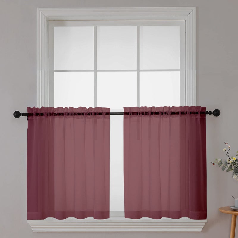 Chyhomenyc Sheer Tier Curtains 24 Inch Length, Small Cute Window Curtains Treatment for Bathroom Living Room Cafe Basement, Short Voile Curtain Tiers 42in x 24in, Rod Pocket, 2 PCS,Burgundy - Image 1